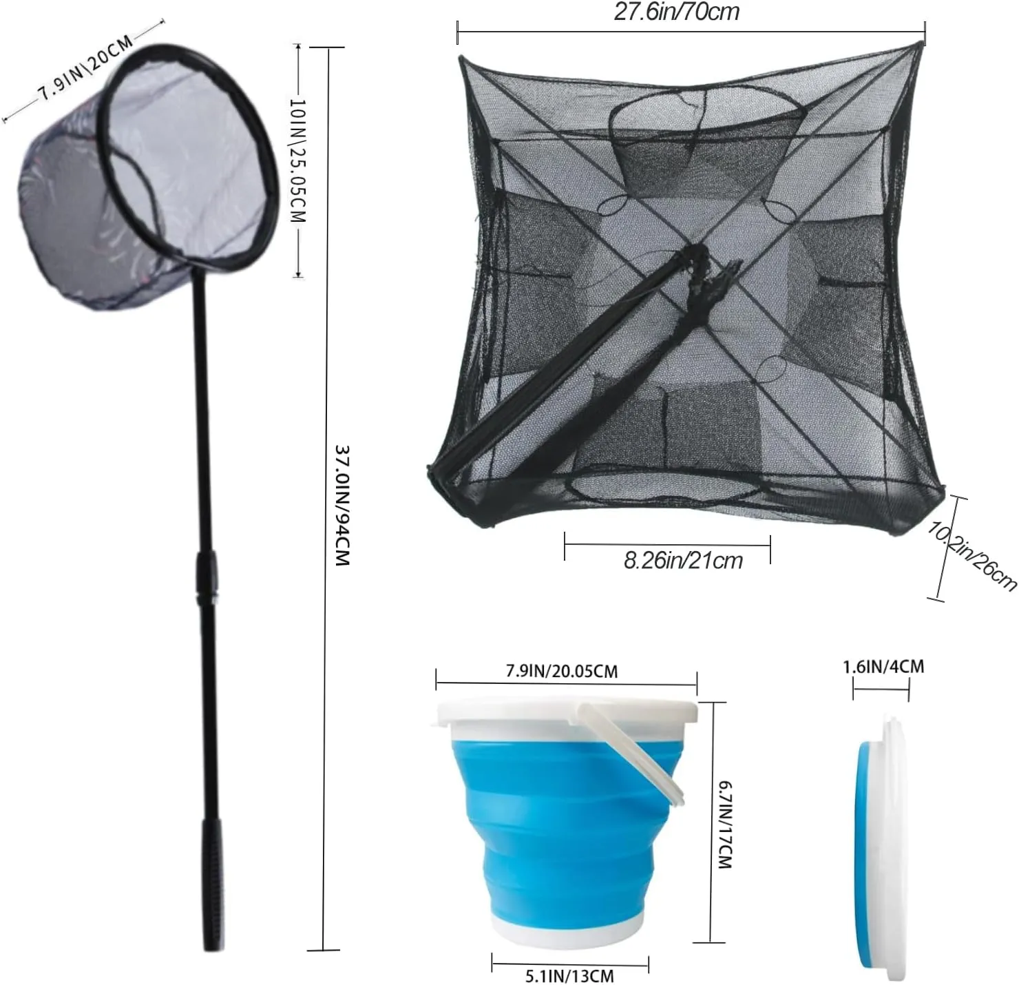 Fishing Bait Trap Collapsible Fish Bucket Kids Net Lightweight Aluminum Pole Non-Slip Handle Catch Small Fish Crab Crawfish Cage Casting Net Dip Cage 4 Hole Fishing Accessories