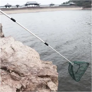 Fishing Net Triangular Folding Fishing Landing Net Aluminum 3 Section Extending Pole Handle Green Fishing Net Shovels Rope Net Fishing