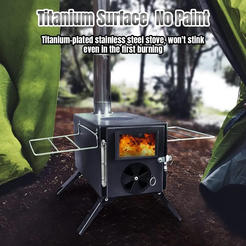 Fitinhot Camp Wood Stove, Tent Wood Burning Stoves Portable with Chimney Pipes, Upgraded Titanium Surface Camping Stove, Heat Resistant Glass & Gloves for Outdoor (Black)
