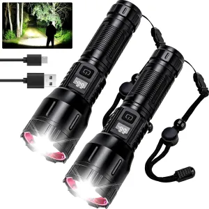 Flashlight High Lumens Rechargeable 2 Packs, Tactical Powerful LED Flashlights, High Powered Handheld Flash Light with 3 Modes, Type-C, Zoomable, IP76 Waterproof for Emergency
