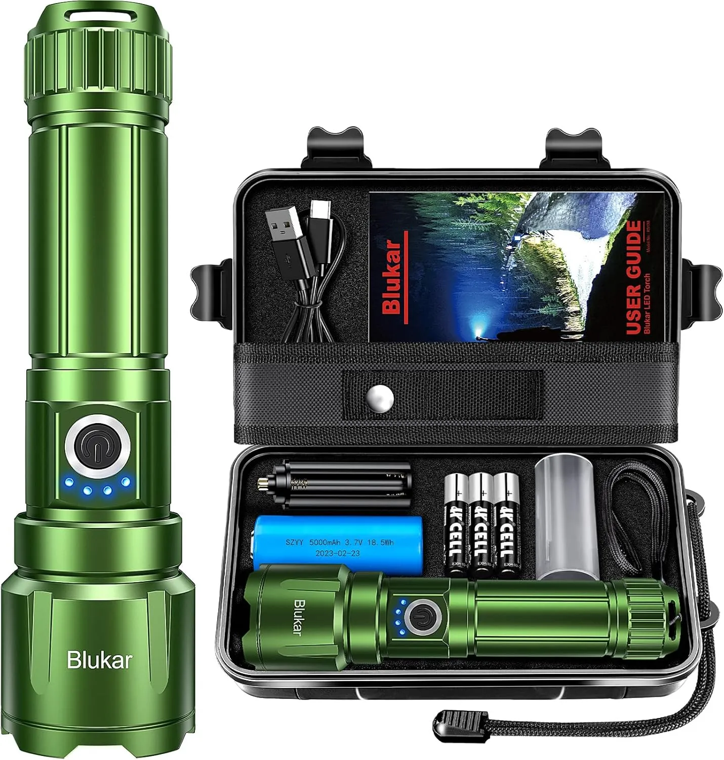 Flashlight Rechargeable, Super Bright Flashlights - Zoomable, 5 Light Modes, IP67 Waterproof, Powerful Long Lasting Handheld Flash Light for Emergencies-Green
