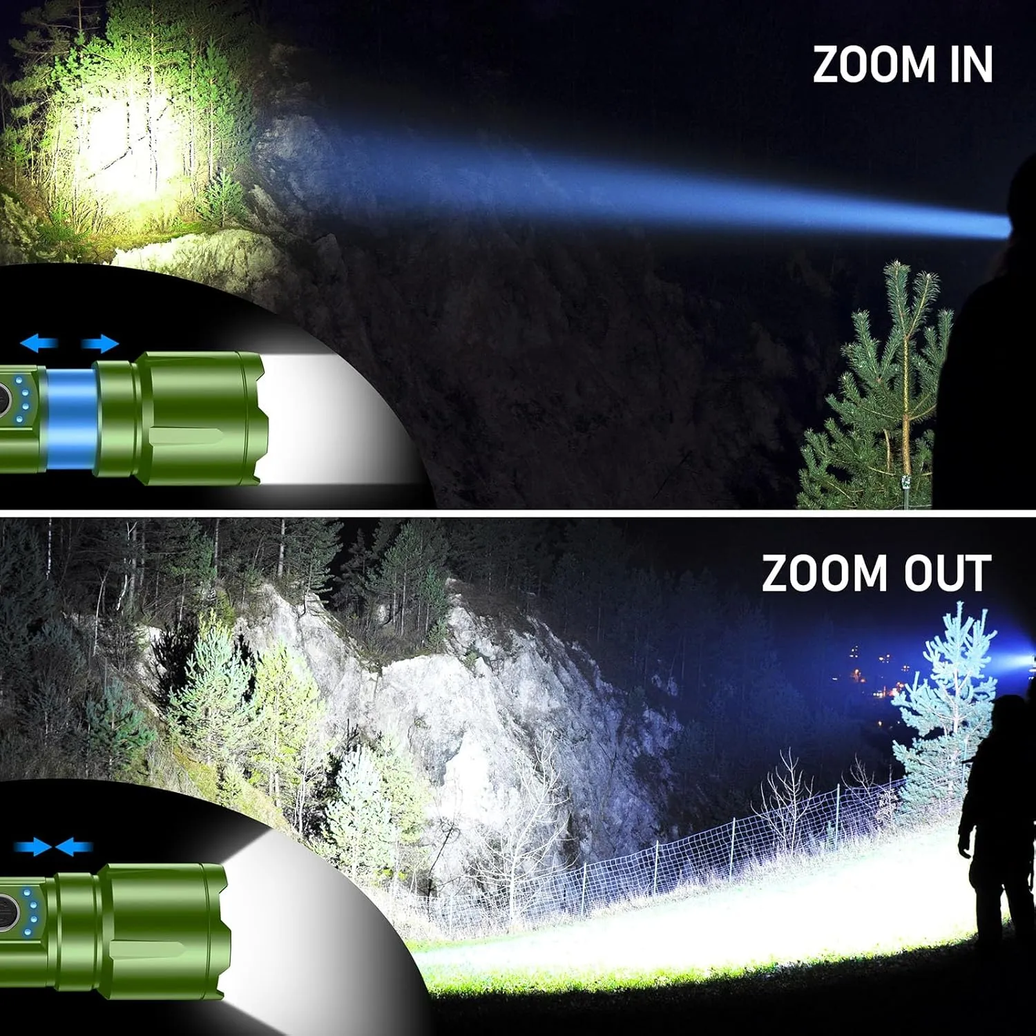 Flashlight Rechargeable, Super Bright Flashlights - Zoomable, 5 Light Modes, IP67 Waterproof, Powerful Long Lasting Handheld Flash Light for Emergencies-Green
