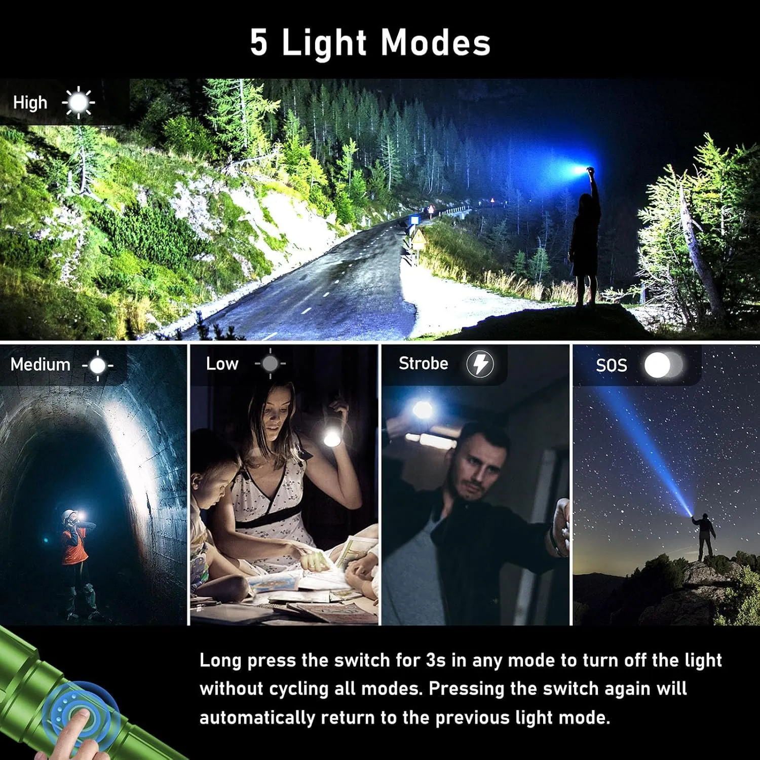 Flashlight Rechargeable, Super Bright Flashlights - Zoomable, 5 Light Modes, IP67 Waterproof, Powerful Long Lasting Handheld Flash Light for Emergencies-Green