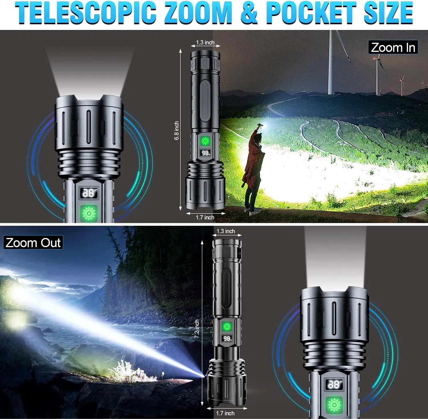 Flashlights 2000 High Lumens Rechargeable - 1500 Meters Long Beam Super Bright LED Flash Light with Power Display & IPX5 Waterproof for Camping, 20H Runtime,5 Modes,Zoomable with Belt Holsters