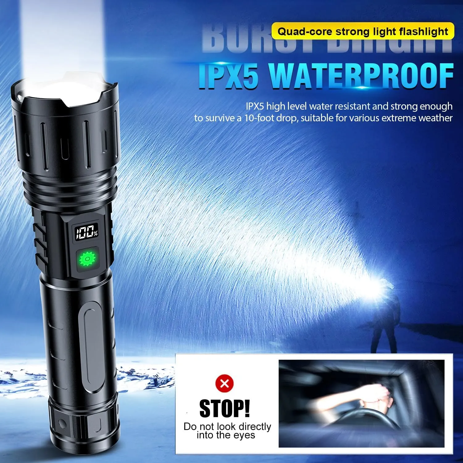 Flashlights 2000 High Lumens Rechargeable - 1500 Meters Long Beam Super Bright LED Flash Light with Power Display & IPX5 Waterproof for Camping, 20H Runtime,5 Modes,Zoomable with Belt Holsters