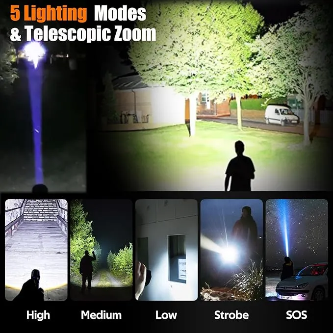 Flashlights Rechargeable High Lumens Strong Zoomable Flashlight NIGHT Turns Into DAY,Long Distance LED Tactical Handheld Flash lights 5 Modes Waterproof Strobe for Emergencies Camping Hiking Gift