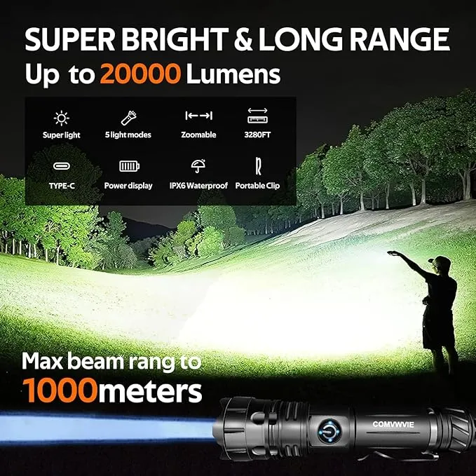 Flashlights Rechargeable High Lumens Strong Zoomable Flashlight NIGHT Turns Into DAY,Long Distance LED Tactical Handheld Flash lights 5 Modes Waterproof Strobe for Emergencies Camping Hiking Gift