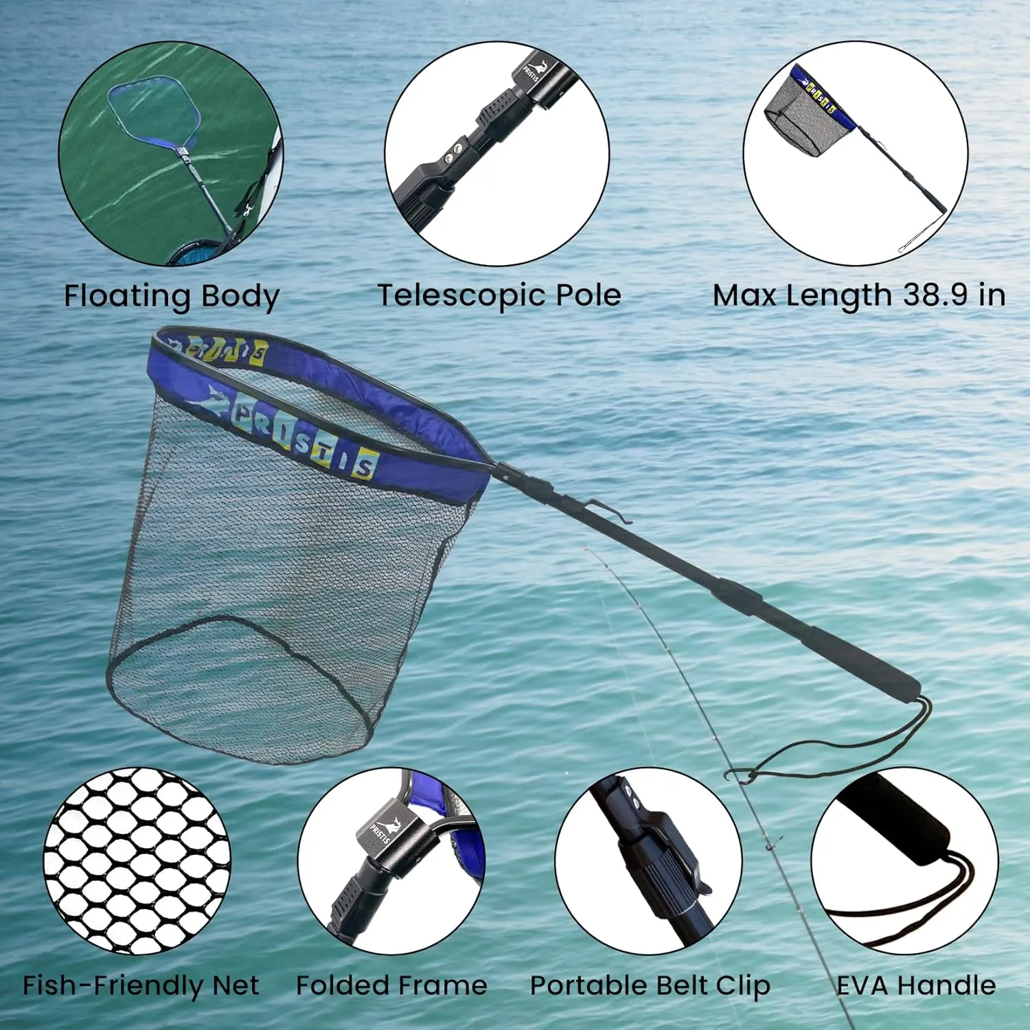 Floating Lightweight Fishing Net With Telescopic Pole Handle, Rubber Coat Landing for Freshwater Saltwater, 39'' Foldable Extendable Dip, Boat/Kayak Fish for Catch Release