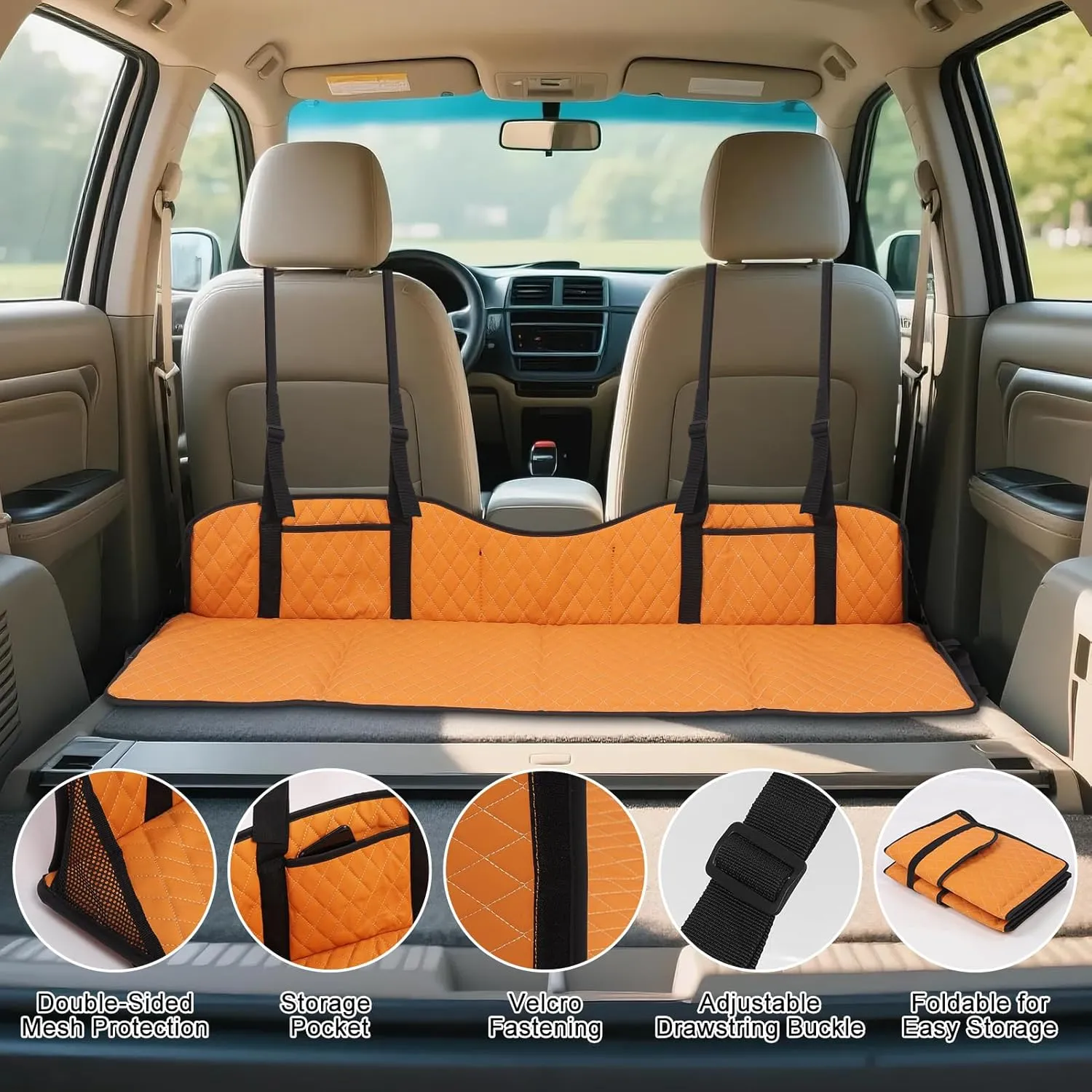 Foldable Car Rear Seat Extender, Leather Seat Mattress for Camping with Extension Plate for Vehicles, SUVs, MPVs, 50 X 15.75 X 7.87in, Increase Sleeping Space and Comfort (Orange)