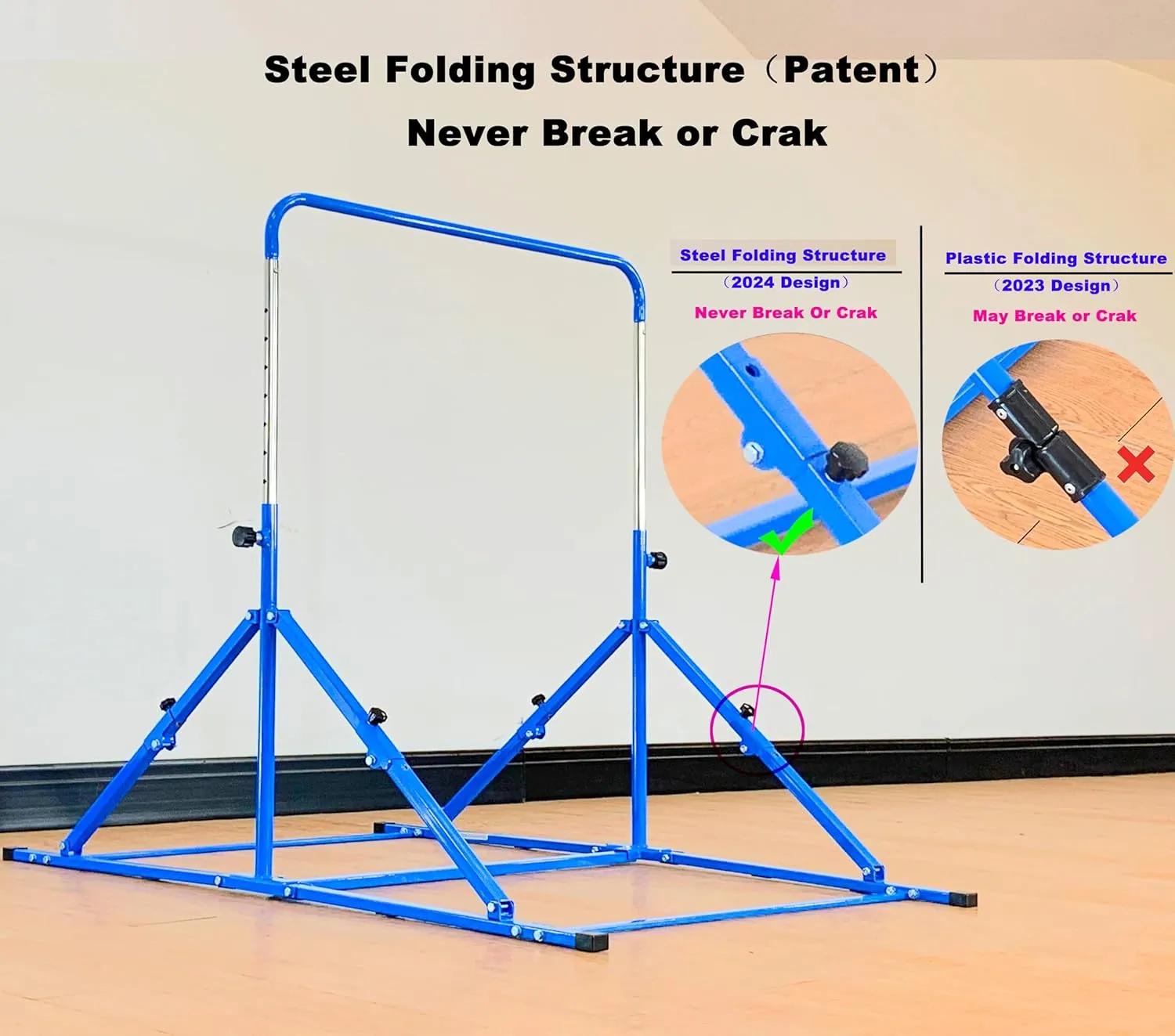 Foldable Gymnastic Bar for Kids Ages 3-12, 9 Height Levels, 200 lbs Weight Capacity, 5 Ft Length Gymnastic Kip Bar with Mat, Gymnastic Equipment for Home and Gym Center Indoor Outdoor Use