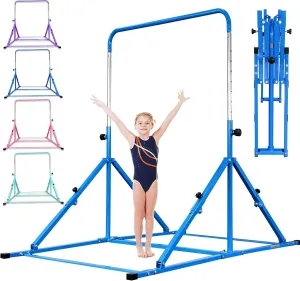 Foldable Gymnastic Bar for Kids Ages 3-12, 9 Height Levels, 200 lbs Weight Capacity, 5 Ft Length Gymnastic Kip Bar with Mat, Gymnastic Equipment for Home and Gym Center Indoor Outdoor Use