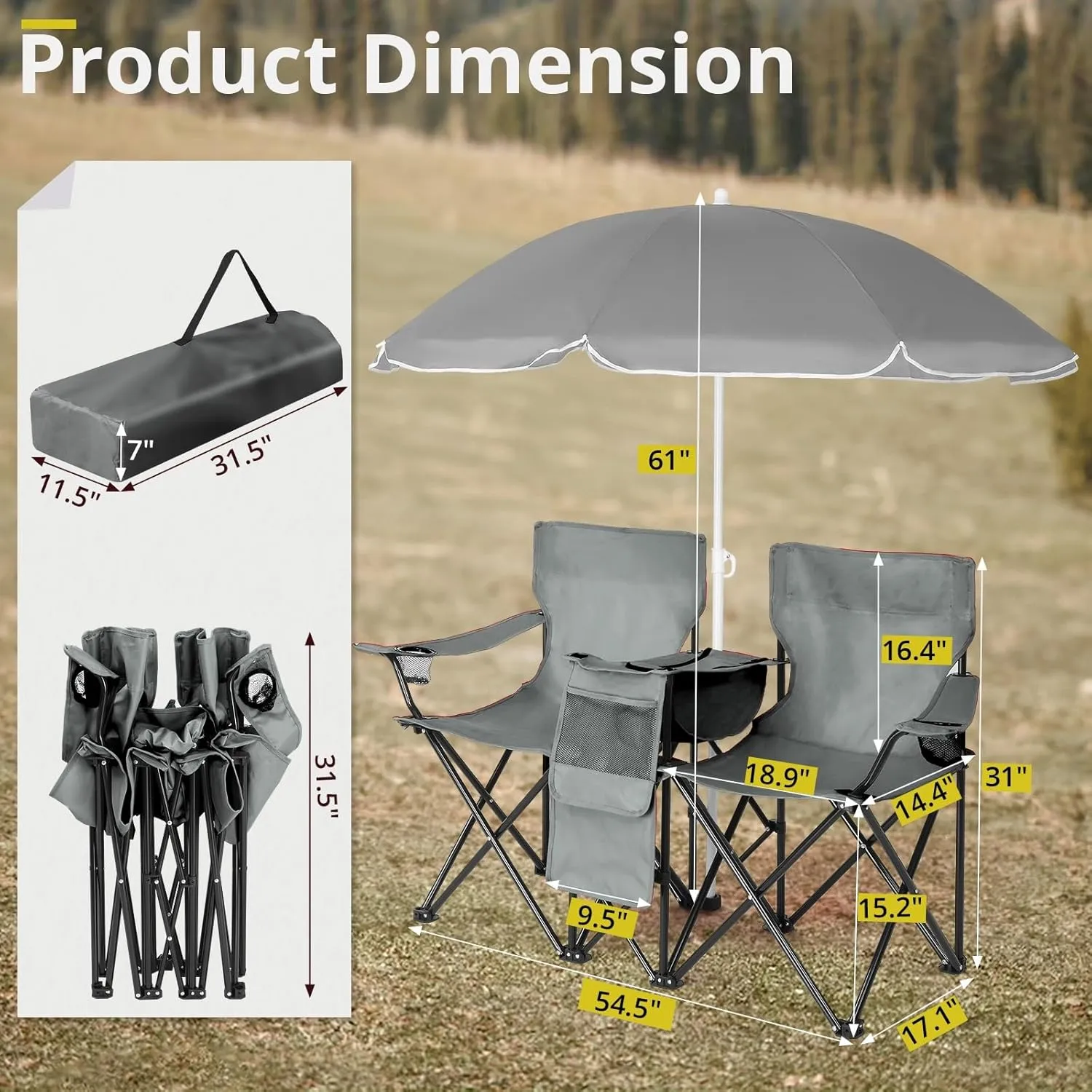 Folding Camping Chair with Removable Umbrella,2 Seat Lawn Chair,Portable Double Folding Chair with Cooler Bag, Beverage Holder,Carrying Bag,14.4''Dx11.5''L Seat (Gray)