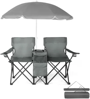 Folding Camping Chair with Removable Umbrella,2 Seat Lawn Chair,Portable Double Folding Chair with Cooler Bag, Beverage Holder,Carrying Bag,14.4''Dx11.5''L Seat (Gray)