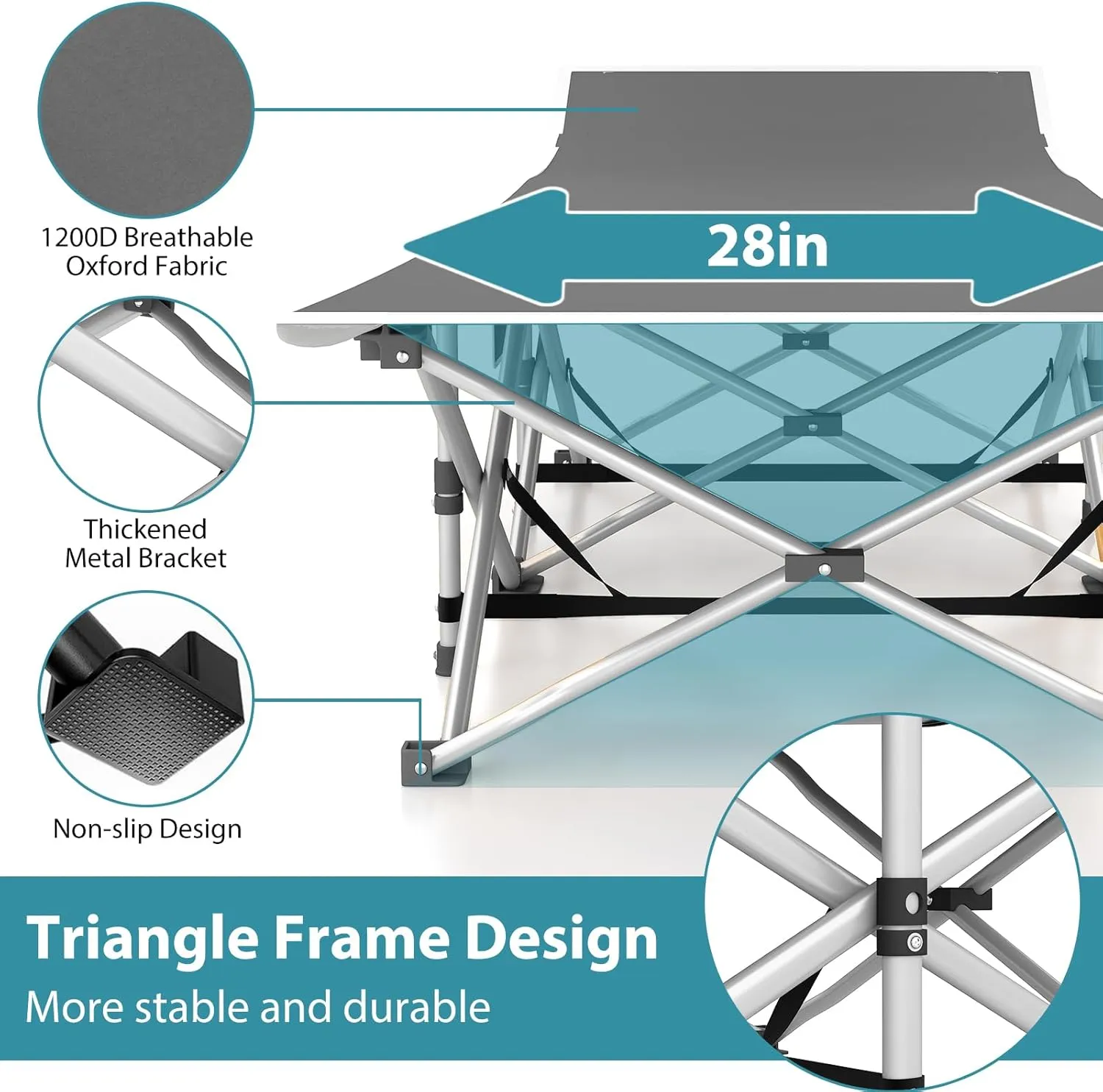 Folding Camping Cot for Adults, Heavy Duty Sleeping Cots with Carry Bag, Double Layer Oxford Portable Travel Camp Cots for Outdoor Camp Beach Home Office (Silver Frame with Gray Pad, 1PACK)