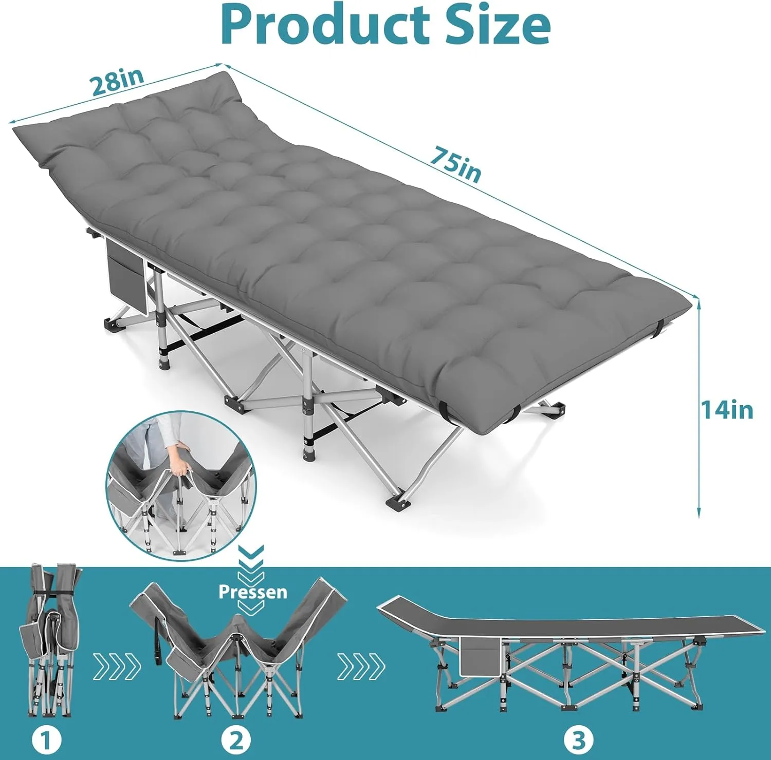 Folding Camping Cot for Adults, Heavy Duty Sleeping Cots with Carry Bag, Double Layer Oxford Portable Travel Camp Cots for Outdoor Camp Beach Home Office (Silver Frame with Gray Pad, 1PACK)
