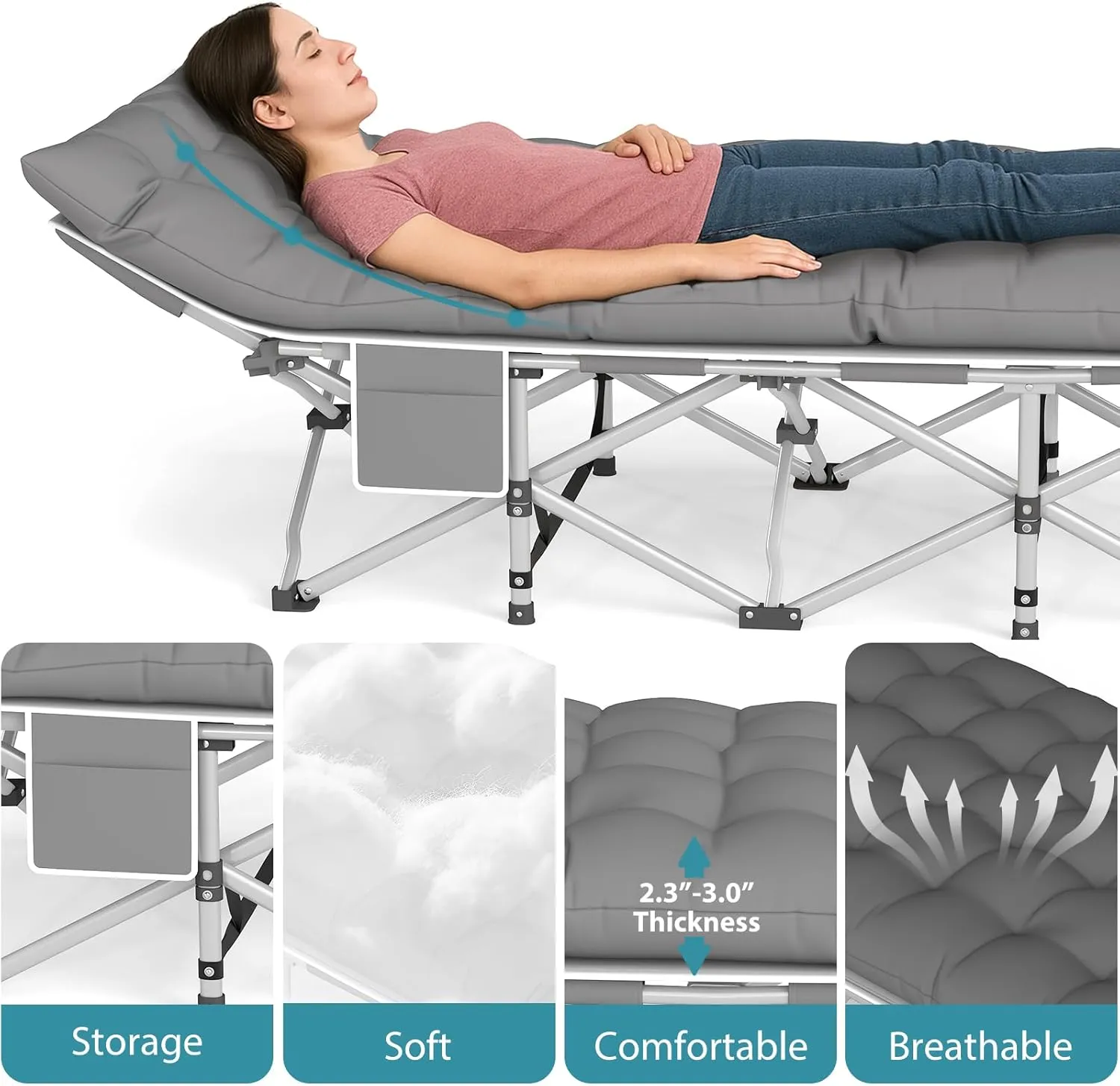 Folding Camping Cot for Adults, Heavy Duty Sleeping Cots with Carry Bag, Double Layer Oxford Portable Travel Camp Cots for Outdoor Camp Beach Home Office (Silver Frame with Gray Pad, 1PACK)