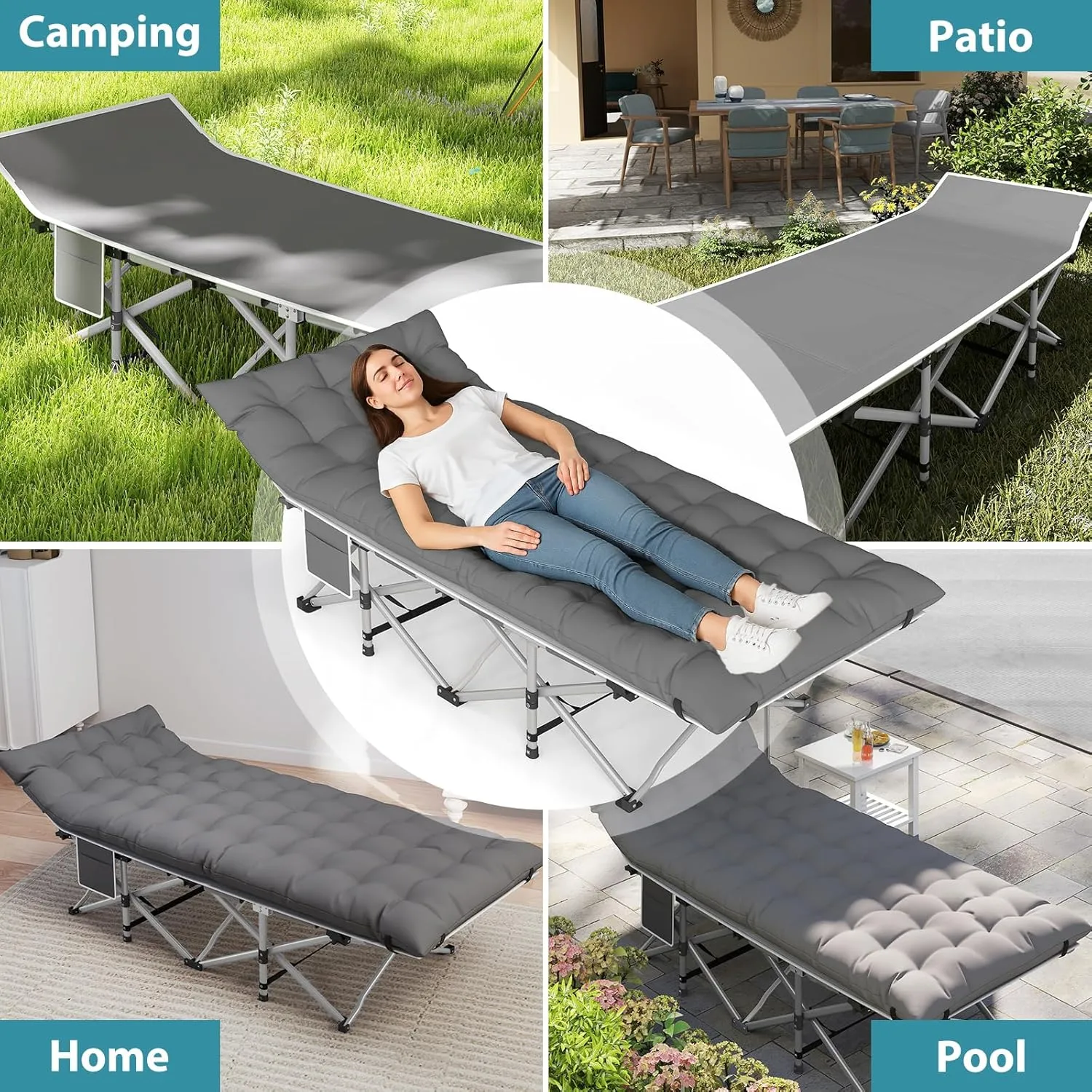 Folding Camping Cot for Adults, Heavy Duty Sleeping Cots with Carry Bag, Double Layer Oxford Portable Travel Camp Cots for Outdoor Camp Beach Home Office (Silver Frame with Gray Pad, 1PACK)