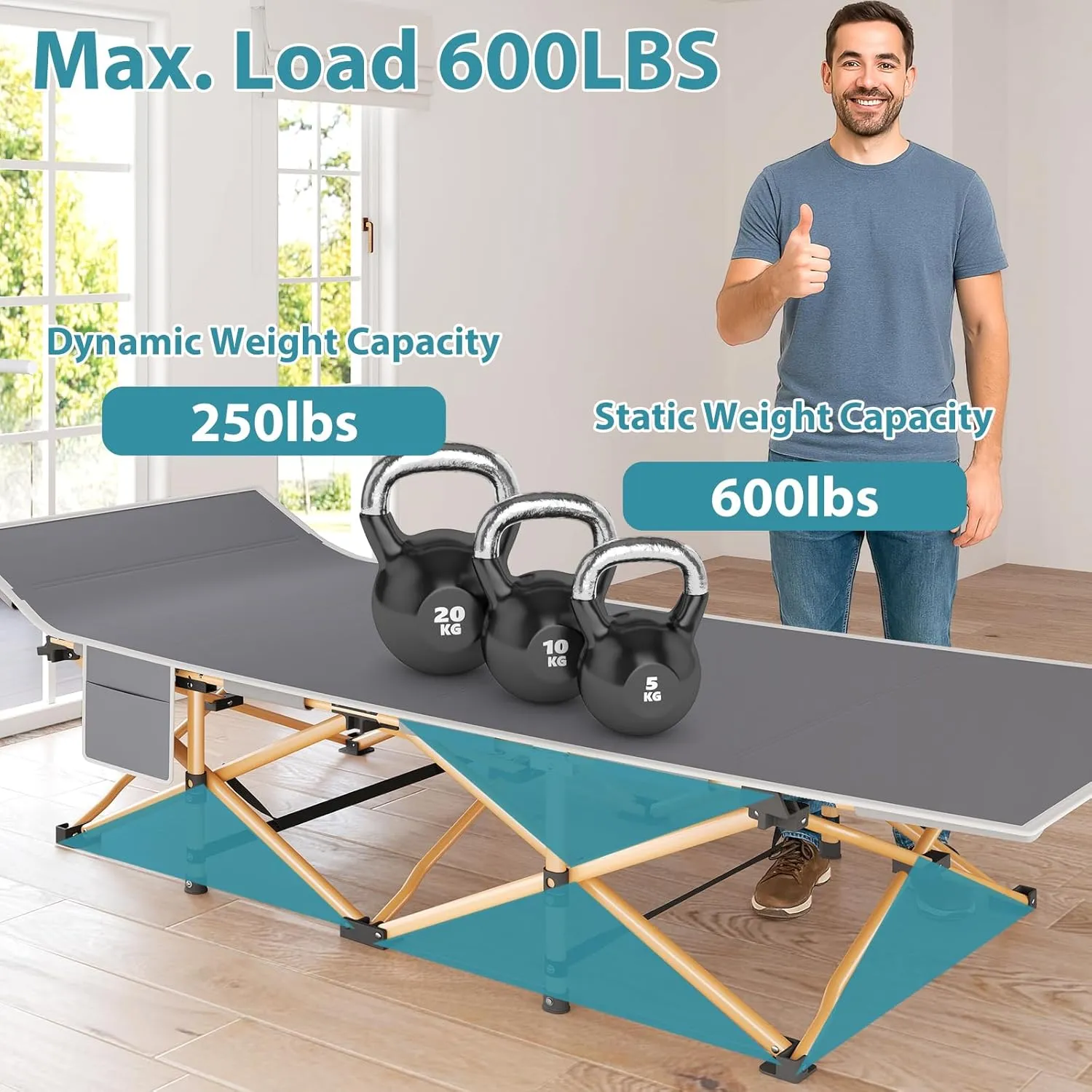 Folding Camping Cot for Adults, Heavy Duty Sleeping Cots with Carry Bag, Double Layer Oxford Portable Travel Camp Cots for Outdoor Camp Beach Home Office (Silver Frame with Gray Pad, 1PACK)