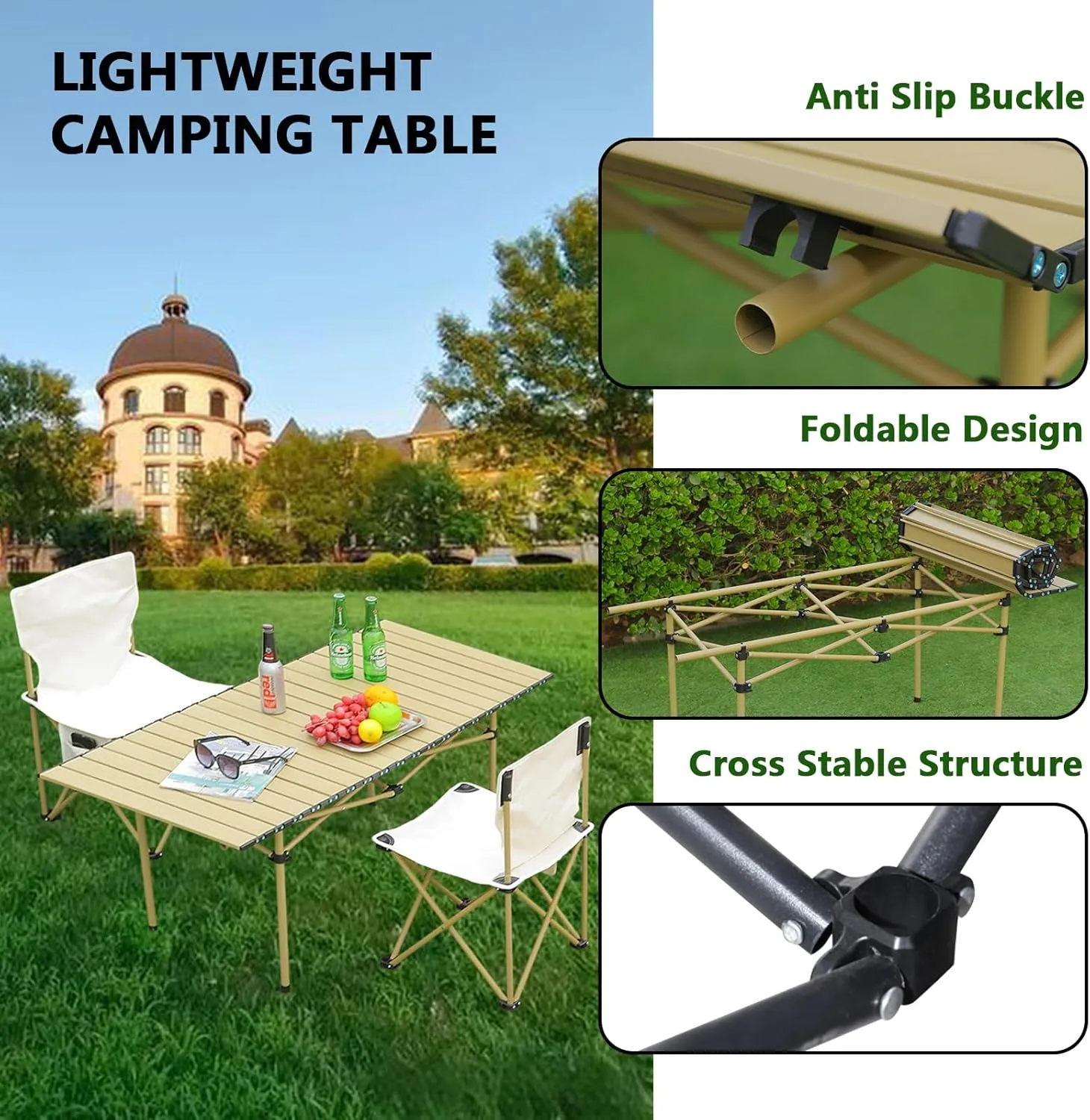 Folding Camping Table with Carry Bag, Roll-Up Aluminum Table for Camping, Beach, Travel, and Outdoor Cooking, Compact and Lightweight Light Yellow 50×53×50cm/19.7×20.9×19.7in