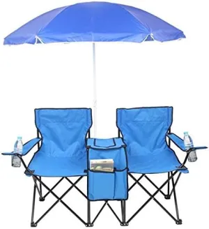 Folding Double Camping Chair w/Umbrella Beverage Holder Carrying Bag Cooler Fold Up Table, Large Bearing Capacity for Beach Patio Pool Park Outdoor (Blue)