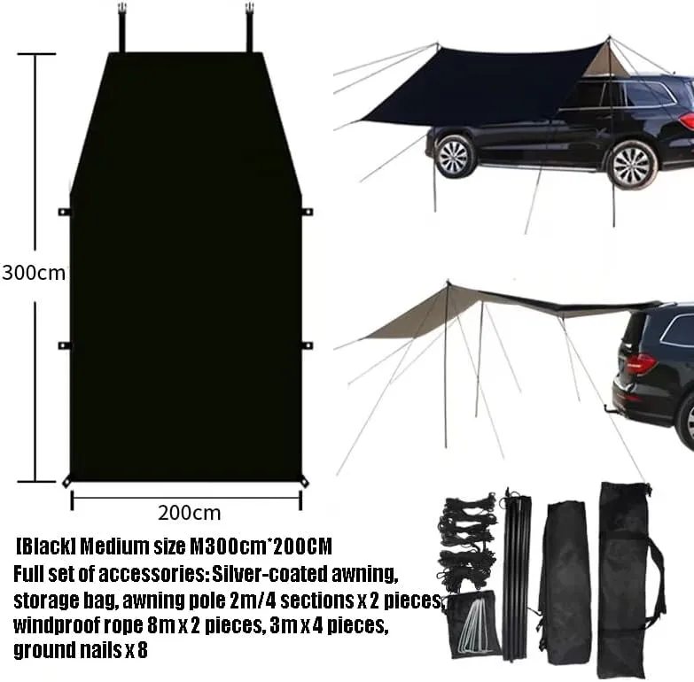 for Daewoo Evanda/Kalos/Lacetti/Lanos/Leganza/Matiz/Nexia Camping Tarpaulin Car Awning Waterproof Hammock Rainproof Sunshade Rainproof Awning Outdoor,A Black-M