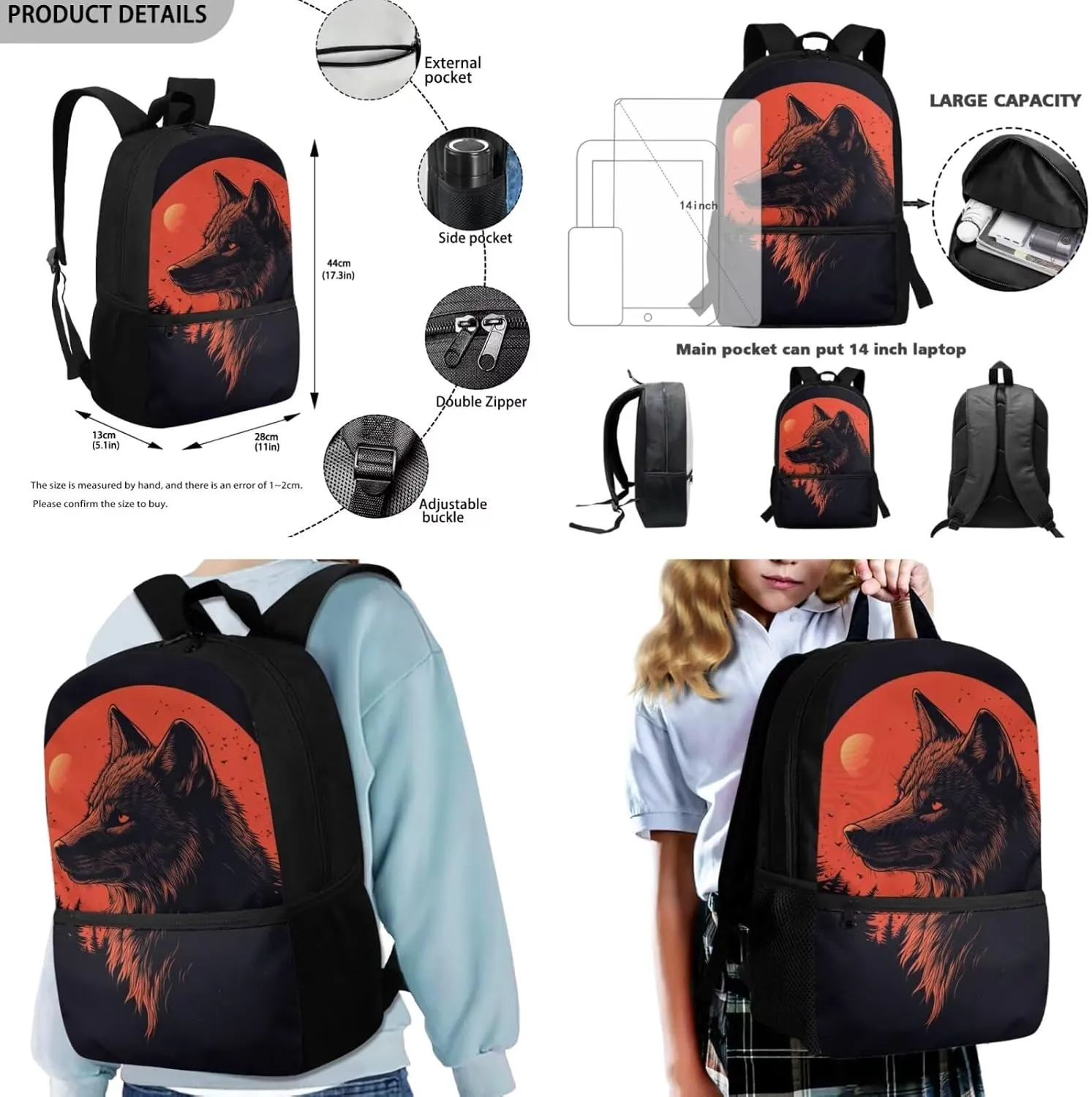 FOR U DESIGNS Wolf Backpack for Girls 10-12 Cool School Bag for Girl 1 Grade Large Capacity Bookbag and Lunch Box Set for Girls 17 Inch Book Bags for Kids 3 Piece Travel Rucksack