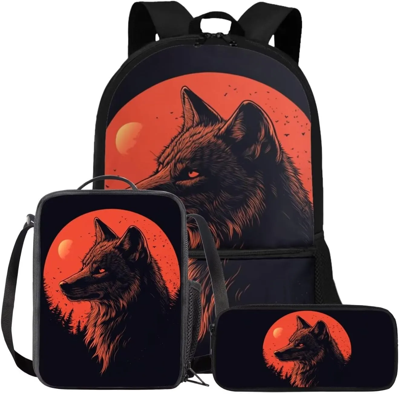 FOR U DESIGNS Wolf Backpack for Girls 10-12 Cool School Bag for Girl 1 Grade Large Capacity Bookbag and Lunch Box Set for Girls 17 Inch Book Bags for Kids 3 Piece Travel Rucksack