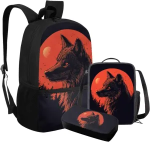 FOR U DESIGNS Wolf Backpack for Girls 10-12 Cool School Bag for Girl 1 Grade Large Capacity Bookbag and Lunch Box Set for Girls 17 Inch Book Bags for Kids 3 Piece Travel Rucksack