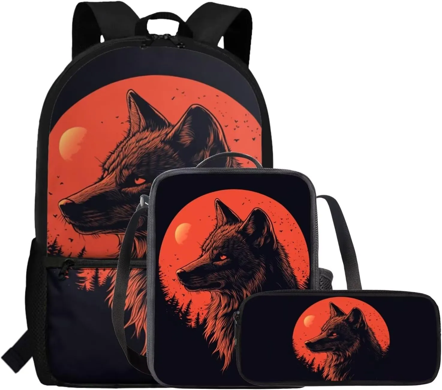FOR U DESIGNS Wolf Backpack for Girls 10-12 Cool School Bag for Girl 1 Grade Large Capacity Bookbag and Lunch Box Set for Girls 17 Inch Book Bags for Kids 3 Piece Travel Rucksack