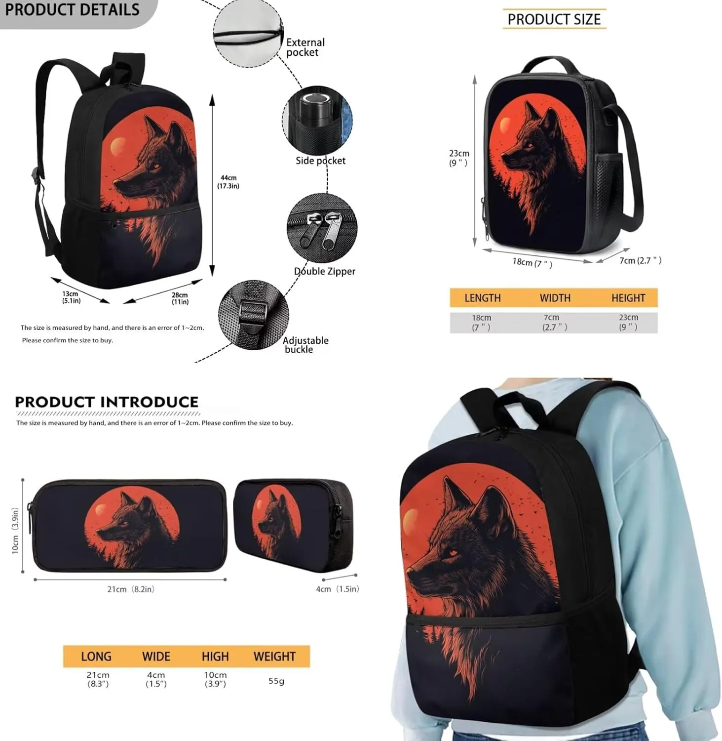 FOR U DESIGNS Wolf Backpack for Girls 10-12 Cool School Bag for Girl 1 Grade Large Capacity Bookbag and Lunch Box Set for Girls 17 Inch Book Bags for Kids 3 Piece Travel Rucksack