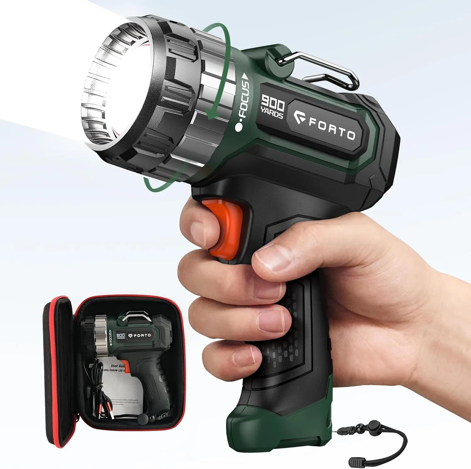 FORTO Compact Rechargeable Spotlight with Adjustable Focus, 1400 Lumens Handheld Spotlight with Stand, 823m Range, 3 Light Modes and LED Spot Lights Outdoor for Boating Hunting Camping Hiking