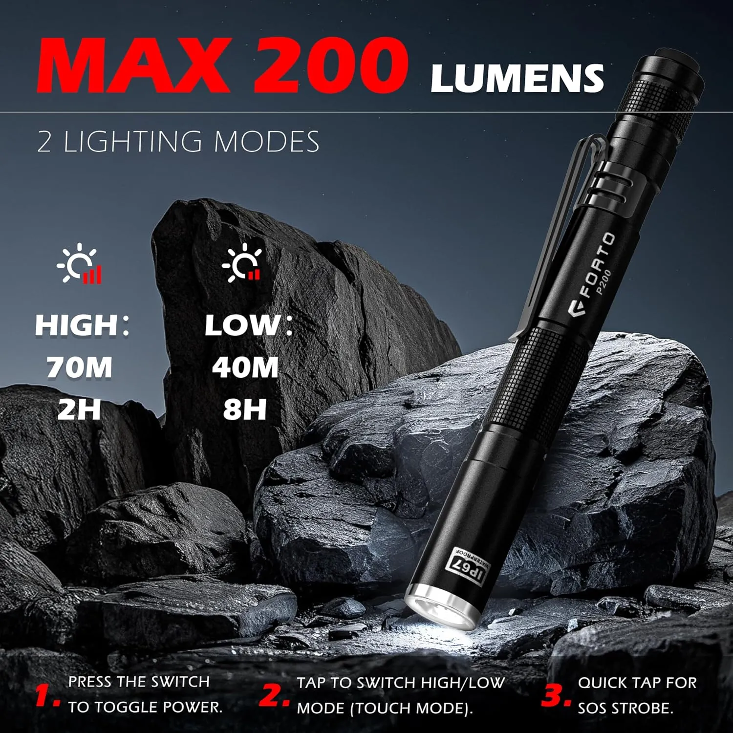 FORTO LED Pen Light, 200 Lumens Pocket Flashlight, IP67 Waterproof, 2 Modes, 2 Pack with AAA Batteries, Lightweight & Durable for Inspection, Medical Use, Emergency(Black)