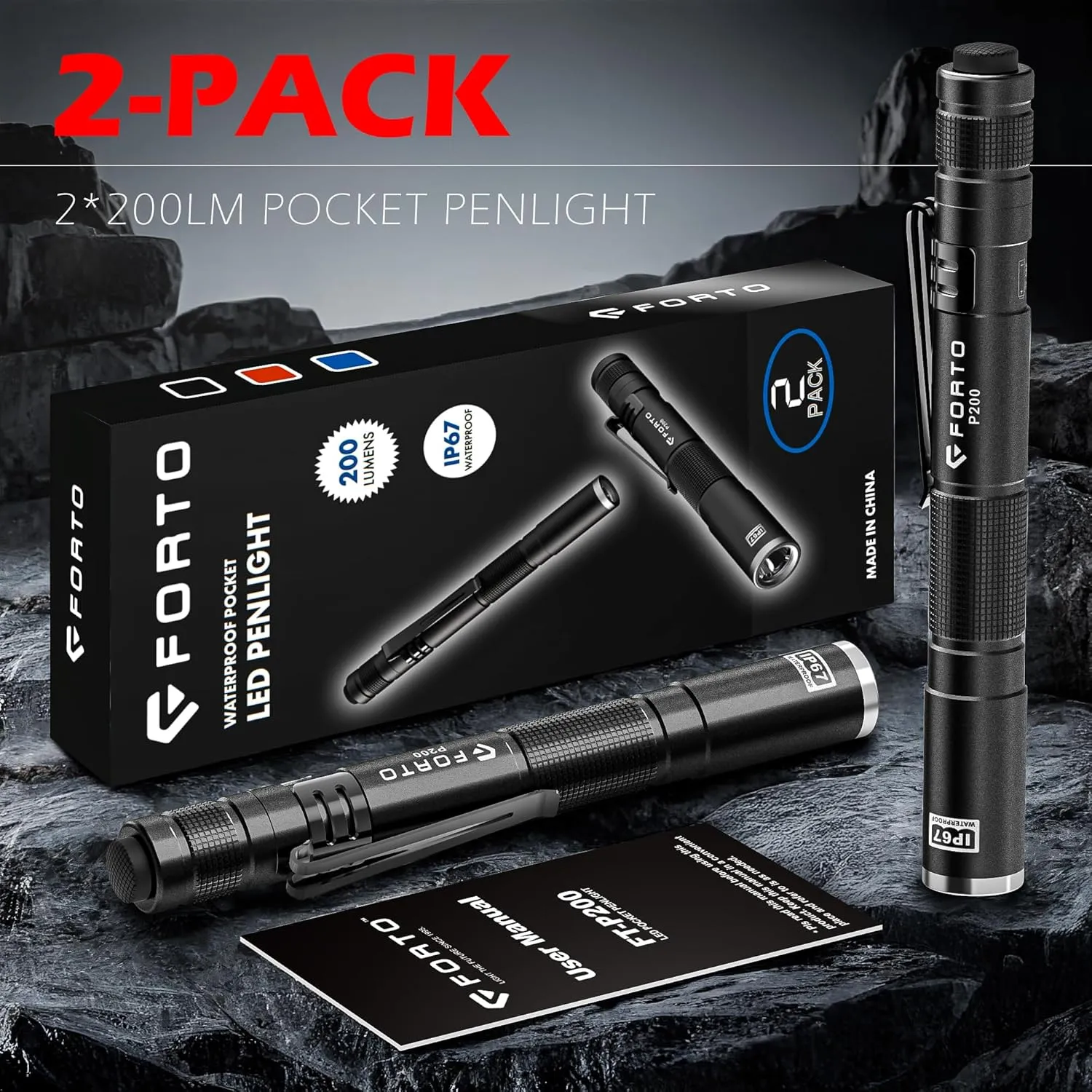 FORTO LED Pen Light, 200 Lumens Pocket Flashlight, IP67 Waterproof, 2 Modes, 2 Pack with AAA Batteries, Lightweight & Durable for Inspection, Medical Use, Emergency(Black)
