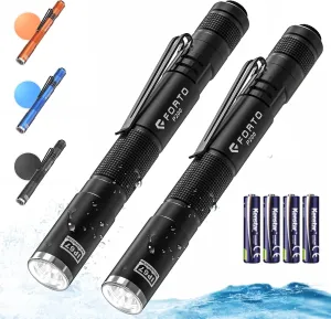 FORTO LED Pen Light, 200 Lumens Pocket Flashlight, IP67 Waterproof, 2 Modes, 2 Pack with AAA Batteries, Lightweight & Durable for Inspection, Medical Use, Emergency(Black)