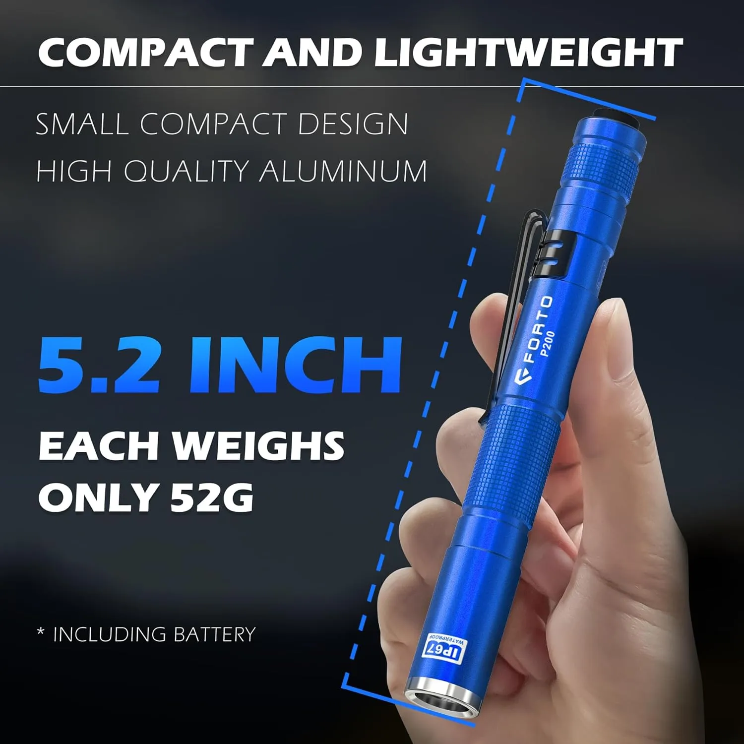 FORTO LED Pen Light, 200 Lumens Pocket Flashlight, IP67 Waterproof, 2 Modes, 2 Pack with AAA Batteries, Lightweight & Durable for Inspection, Medical Use, Emergency(Blue)