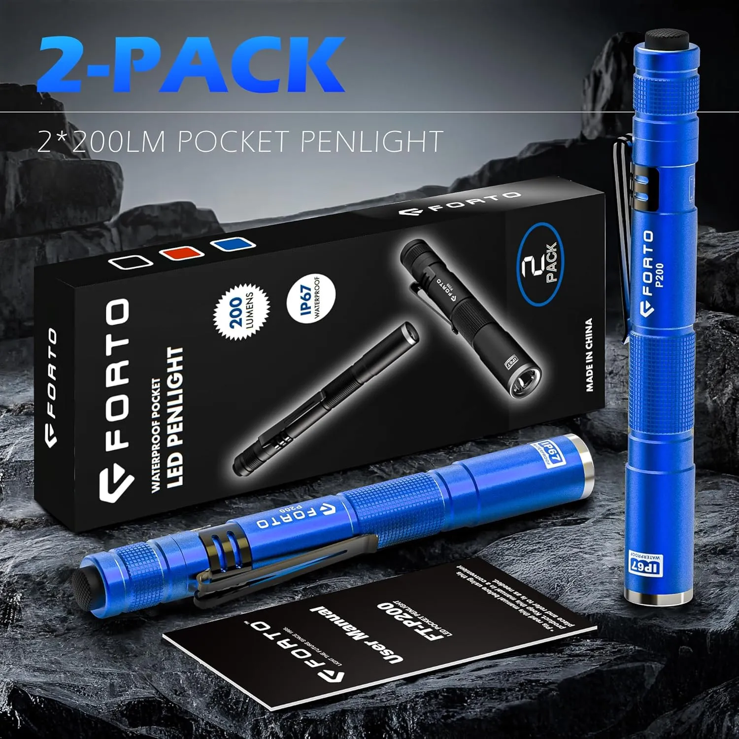 FORTO LED Pen Light, 200 Lumens Pocket Flashlight, IP67 Waterproof, 2 Modes, 2 Pack with AAA Batteries, Lightweight & Durable for Inspection, Medical Use, Emergency(Blue)
