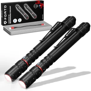 FORTO Rechargeable Pen Light Flashlight, 400 Lumens Small Pocket Flashlight with Clip, IP67 Waterproof, 2 Light Modes, 3-Color Battery Indicator, Type-C Charging, for Inspection,Emergency（2 Pack）