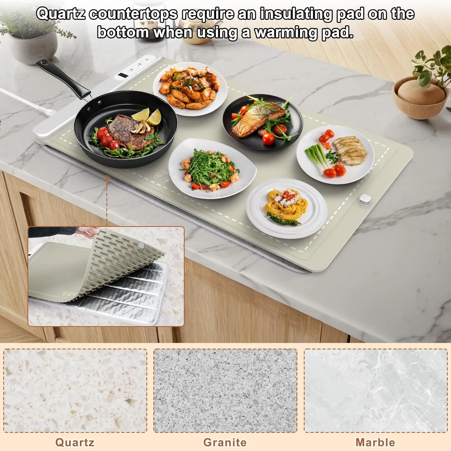FYY Food Warming Mat - Electric Warming Tray with 6 Temperature Settings and 6 Hours Timer, Full Surface Graphene Heating Food Warmer, Premium Rollable Heating Tray for Gatherings, Parties, Khaki