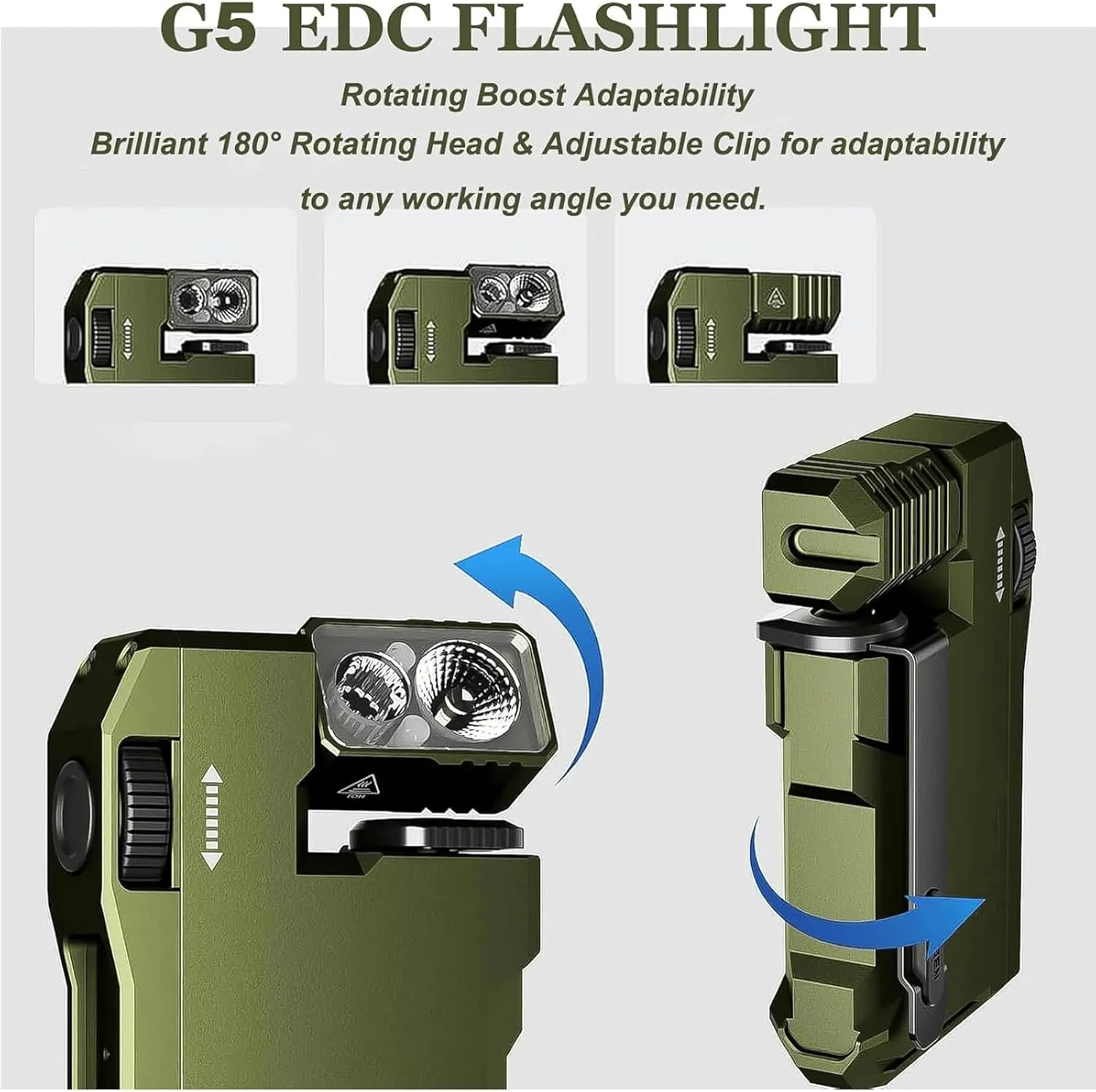 G5 EDC Flashlight — 400 Lumens, Super Bright 3 Modes EDC Flashlight, 180° Rotation & Dual Light,Rechargeable, Ip68 Waterproof for Camping & Emergency, 2.44" * 1.47" (Green)