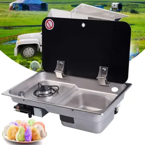 Gas Camping Stove RV Gas Stove Hob and Sink Combo Portable Cooktop Boat Caravan Camper Gas Stove with Single Bowl Sink Tempered Glass Lid (1 Burner)