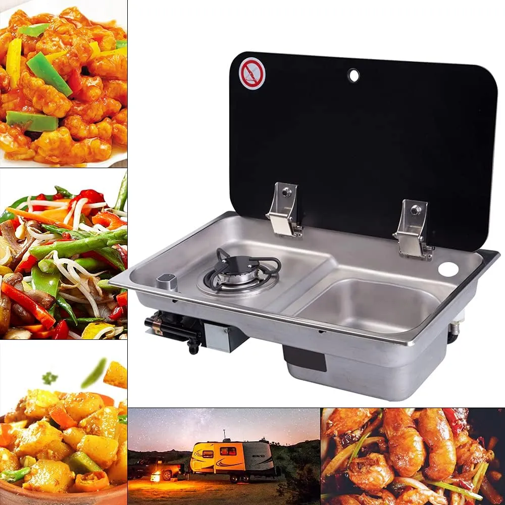 Gas Camping Stove RV Gas Stove Hob and Sink Combo Portable Cooktop Boat Caravan Camper Gas Stove with Single Bowl Sink Tempered Glass Lid (1 Burner)