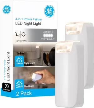 GE 4-in-1 LED Power Failure Light, Plug-In, 40 Lumens, Auto On/Off, Dusk-to-Dawn Sensor, Emergency Flashlight, Task Light, Night Light, and Power Outage Light – 49578 (2 Pack)