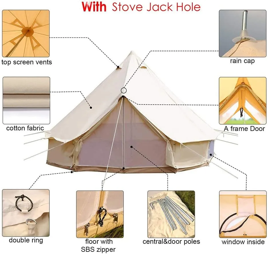 GeRRiT 4-12 Person Camping Tent 3-6m Waterproof Cotton Canvas Bell Tent Outdoor 4 Seasons Family Party Picnic Yurt Tent W/Stove Hole