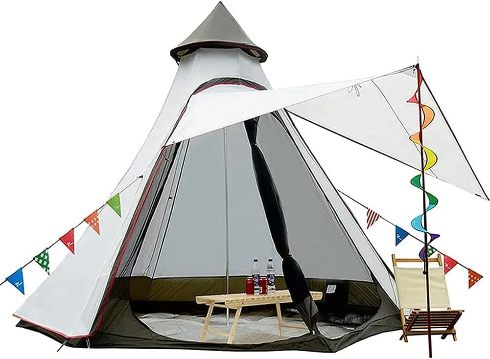 GeRRiT Waterproof Camping Pyramid Teepee Tent Adult Tipi Tent Waterproof Double Layers Indian Tent Yurt Tent Tower Post Bell Tent for Outdoor Family Trip