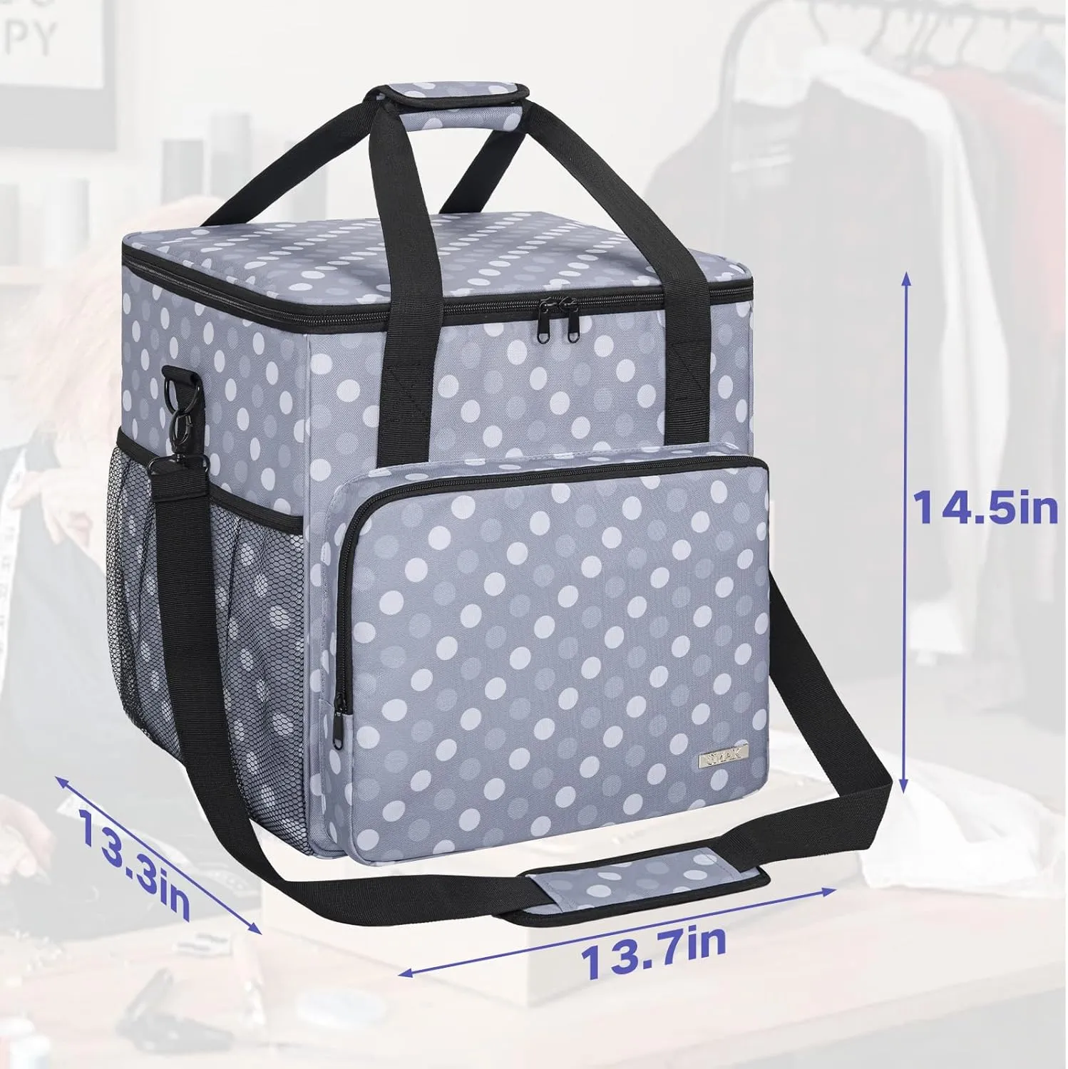 GMAK Serger Carrying Case, Universal Serger Storage Bag with Base Padding Pad, Storage Pockets, Travel Case with Shoulder Strap for Most Standard Overlock Sewing Machines and Accessories, Grey Dots