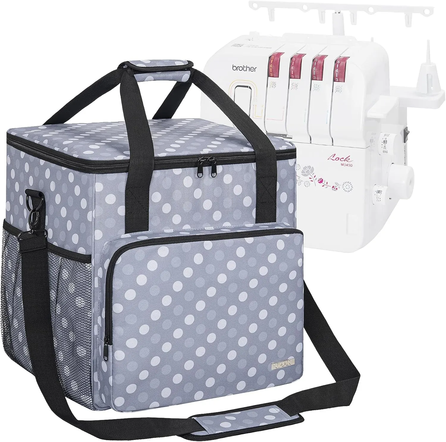 GMAK Serger Carrying Case, Universal Serger Storage Bag with Base Padding Pad, Storage Pockets, Travel Case with Shoulder Strap for Most Standard Overlock Sewing Machines and Accessories, Grey Dots