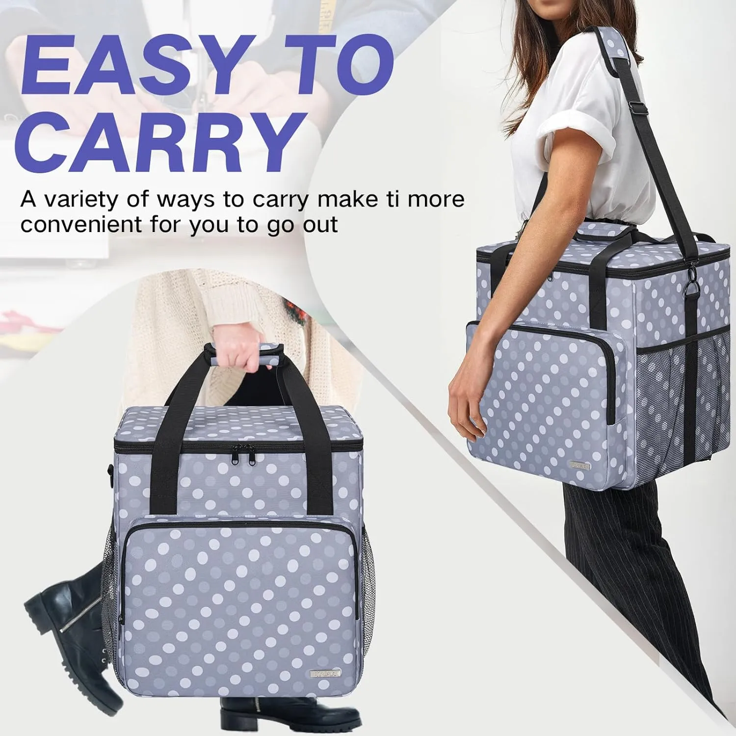 GMAK Serger Carrying Case, Universal Serger Storage Bag with Base Padding Pad, Storage Pockets, Travel Case with Shoulder Strap for Most Standard Overlock Sewing Machines and Accessories, Grey Dots