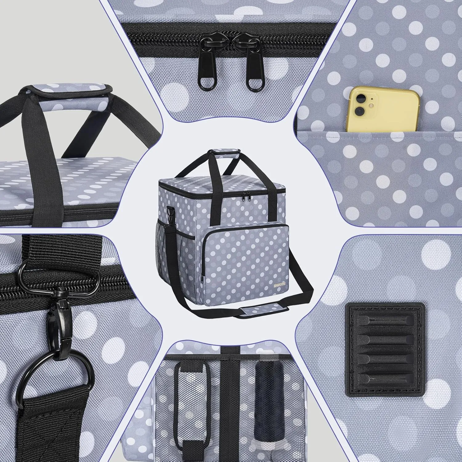 GMAK Serger Carrying Case, Universal Serger Storage Bag with Base Padding Pad, Storage Pockets, Travel Case with Shoulder Strap for Most Standard Overlock Sewing Machines and Accessories, Grey Dots