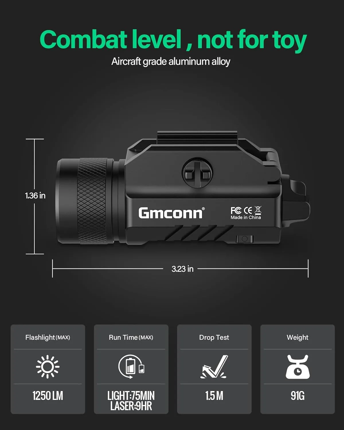 Gmconn 1250 Lumen Tactical Flashlight Pistol Light Rail Mounted LED Gun Light Strobe Weaponlight for Glock Pistol and Picatinny MIL-STD-1913