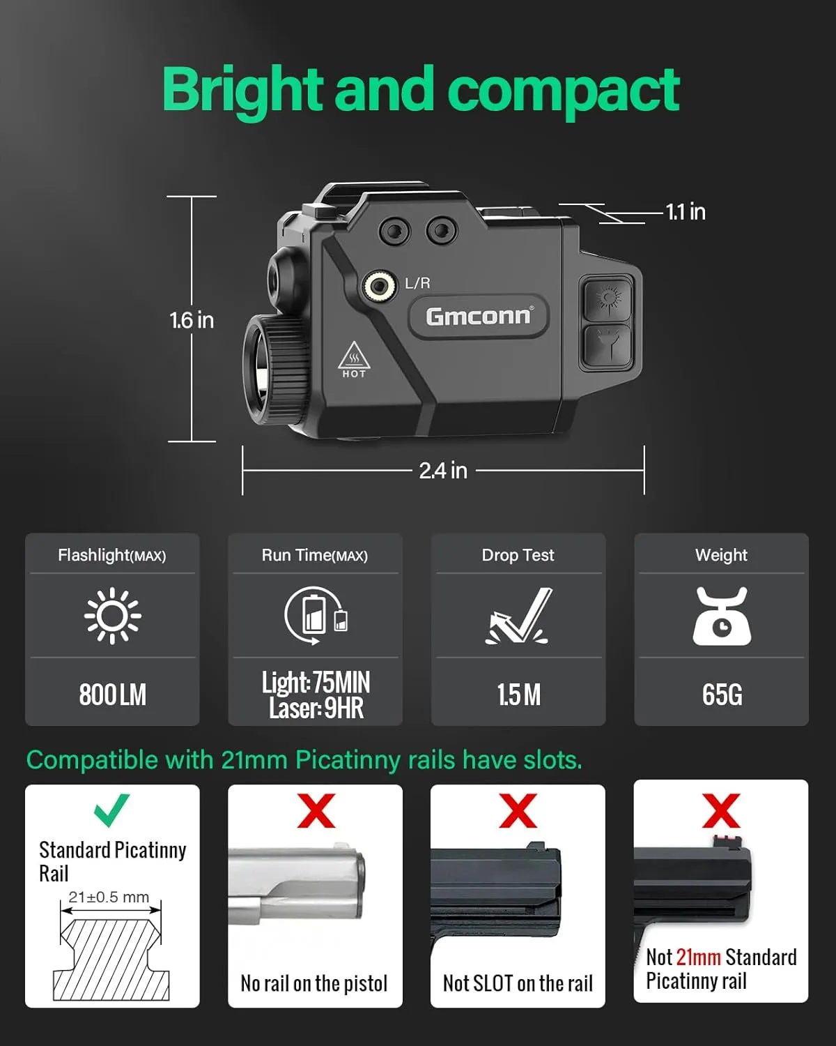 Gmconn 800 Lumen Pistol Light Red Laser Combo, Tactical Flashlight with Green Beam for Pistol with Rail (Red Laser)